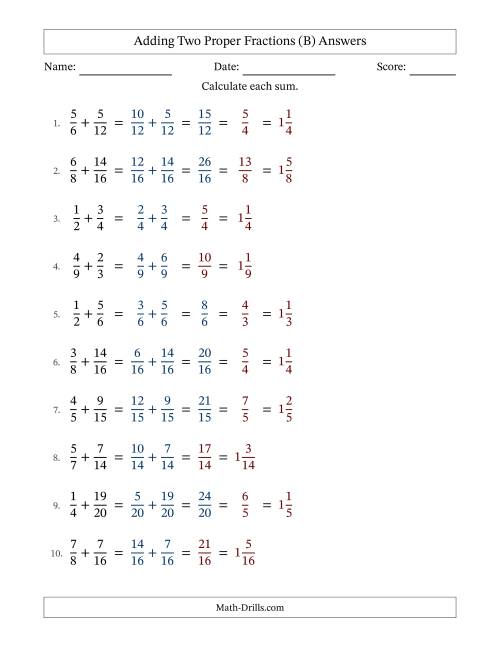 The Adding Two Proper Fractions with Similar Denominators, Mixed Fractions Results and Some Simplifying (B) Math Worksheet Page 2