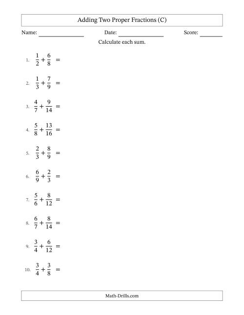 The Adding Two Proper Fractions with Similar Denominators, Mixed Fractions Results and Some Simplifying (C) Math Worksheet