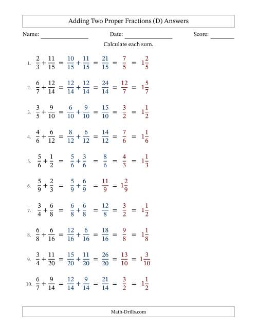 The Adding Two Proper Fractions with Similar Denominators, Mixed Fractions Results and Some Simplifying (D) Math Worksheet Page 2