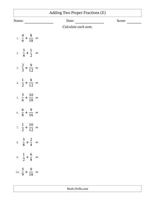 The Adding Two Proper Fractions with Similar Denominators, Mixed Fractions Results and Some Simplifying (E) Math Worksheet