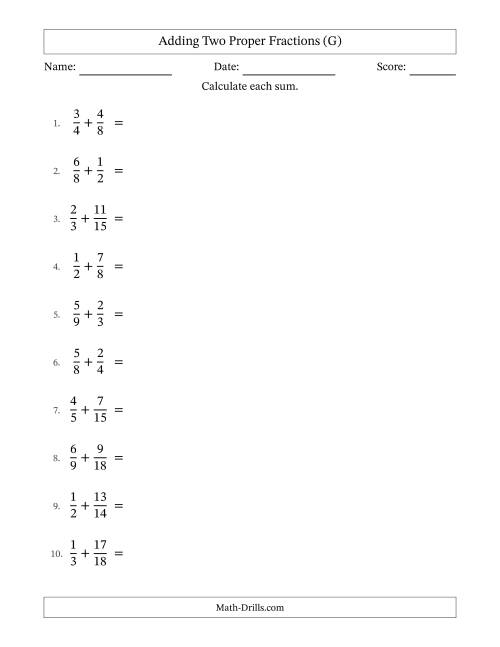 The Adding Two Proper Fractions with Similar Denominators, Mixed Fractions Results and Some Simplifying (G) Math Worksheet