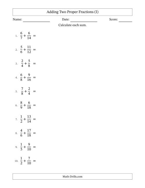 The Adding Two Proper Fractions with Similar Denominators, Mixed Fractions Results and Some Simplifying (I) Math Worksheet