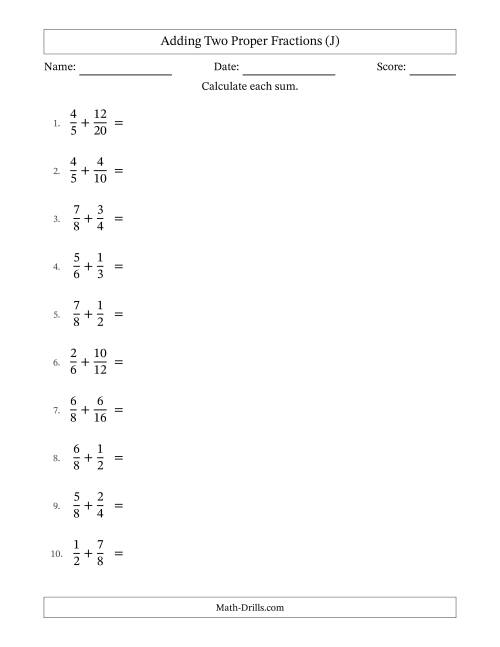 The Adding Two Proper Fractions with Similar Denominators, Mixed Fractions Results and Some Simplifying (J) Math Worksheet