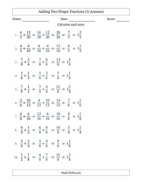 The Adding Two Proper Fractions with Similar Denominators, Mixed Fractions Results and Some Simplifying (J) Math Worksheet Page 2