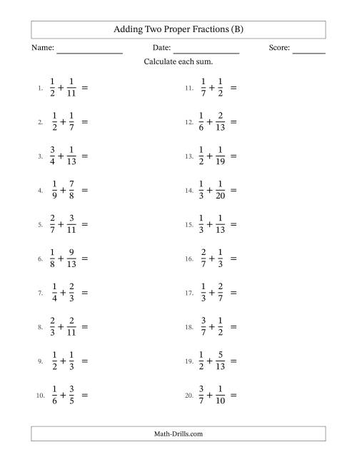 The Adding Two Proper Fractions with Unlike Denominators, Proper Fractions Results and No Simplifying (B) Math Worksheet