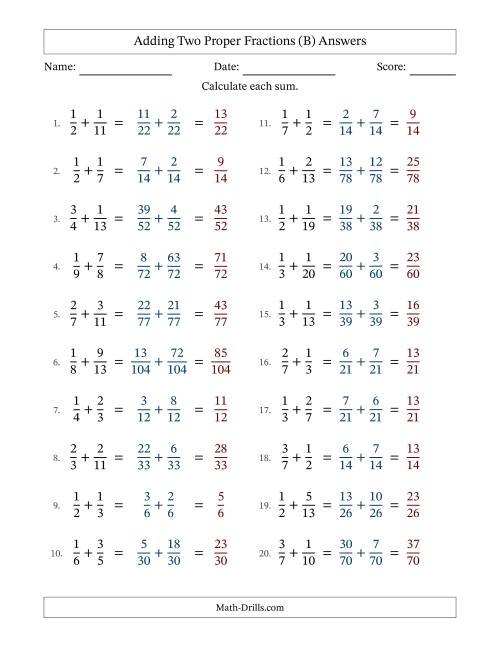 The Adding Two Proper Fractions with Unlike Denominators, Proper Fractions Results and No Simplifying (B) Math Worksheet Page 2