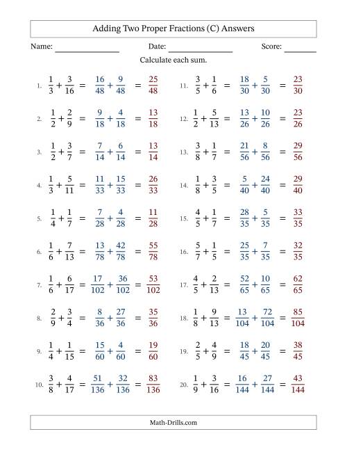 The Adding Two Proper Fractions with Unlike Denominators, Proper Fractions Results and No Simplifying (C) Math Worksheet Page 2