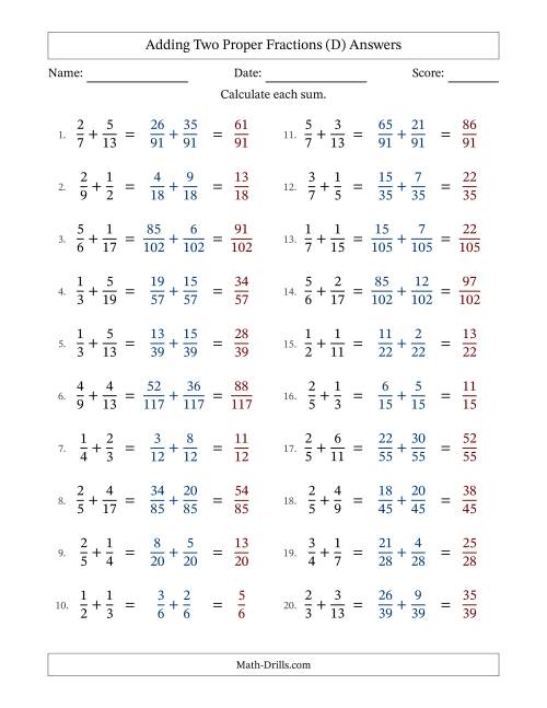 The Adding Two Proper Fractions with Unlike Denominators, Proper Fractions Results and No Simplifying (D) Math Worksheet Page 2