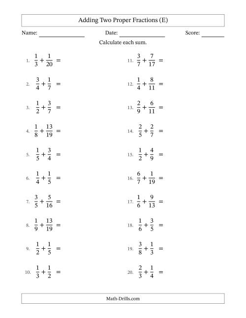 The Adding Two Proper Fractions with Unlike Denominators, Proper Fractions Results and No Simplifying (E) Math Worksheet