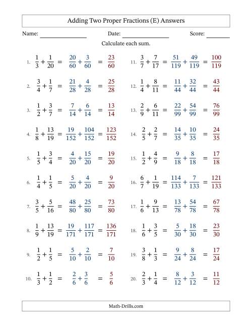 The Adding Two Proper Fractions with Unlike Denominators, Proper Fractions Results and No Simplifying (E) Math Worksheet Page 2