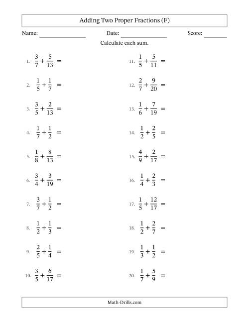 The Adding Two Proper Fractions with Unlike Denominators, Proper Fractions Results and No Simplifying (F) Math Worksheet