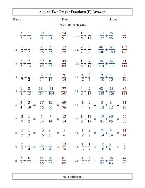 The Adding Two Proper Fractions with Unlike Denominators, Proper Fractions Results and No Simplifying (F) Math Worksheet Page 2