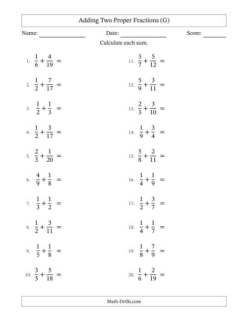 The Adding Two Proper Fractions with Unlike Denominators, Proper Fractions Results and No Simplifying (G) Math Worksheet