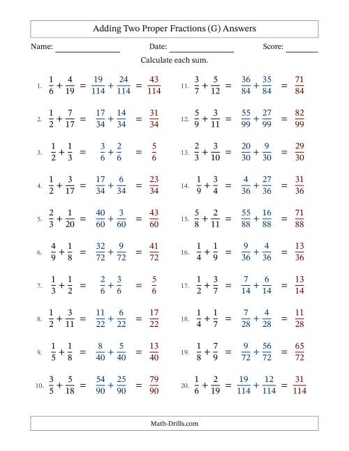 The Adding Two Proper Fractions with Unlike Denominators, Proper Fractions Results and No Simplifying (G) Math Worksheet Page 2