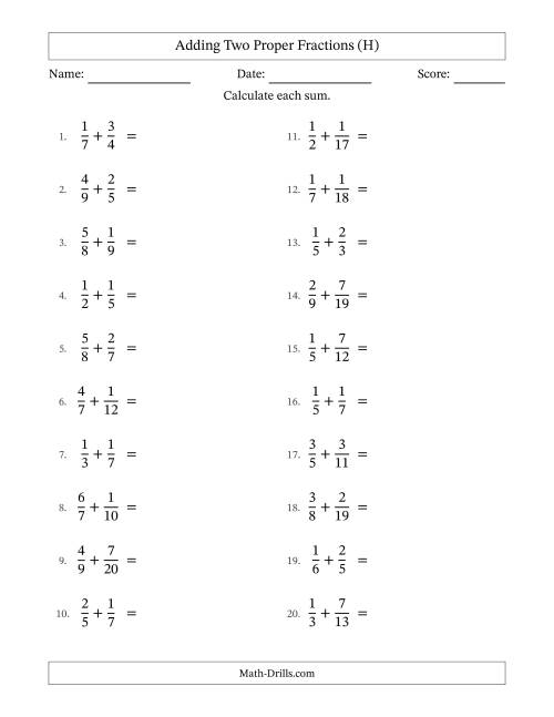 The Adding Two Proper Fractions with Unlike Denominators, Proper Fractions Results and No Simplifying (H) Math Worksheet