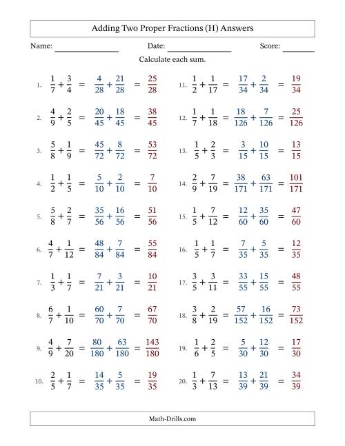 The Adding Two Proper Fractions with Unlike Denominators, Proper Fractions Results and No Simplifying (H) Math Worksheet Page 2