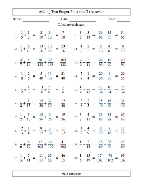 The Adding Two Proper Fractions with Unlike Denominators, Proper Fractions Results and No Simplifying (I) Math Worksheet Page 2