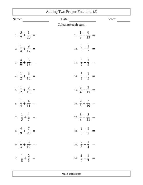 The Adding Two Proper Fractions with Unlike Denominators, Proper Fractions Results and No Simplifying (J) Math Worksheet