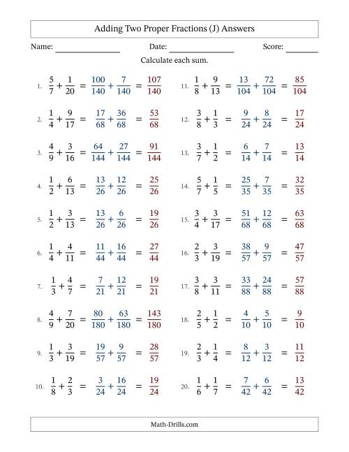 The Adding Two Proper Fractions with Unlike Denominators, Proper Fractions Results and No Simplifying (J) Math Worksheet Page 2