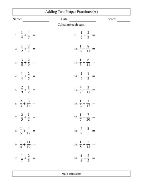 The Adding Two Proper Fractions with Unlike Denominators, Proper Fractions Results and No Simplifying (All) Math Worksheet