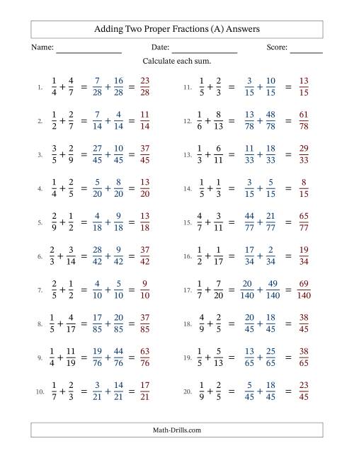 The Adding Two Proper Fractions with Unlike Denominators, Proper Fractions Results and No Simplifying (All) Math Worksheet Page 2