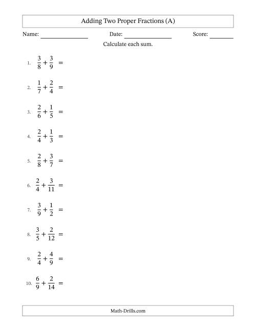 The Adding Two Proper Fractions with Unlike Denominators, Proper Fractions Results and All Simplifying (A) Math Worksheet