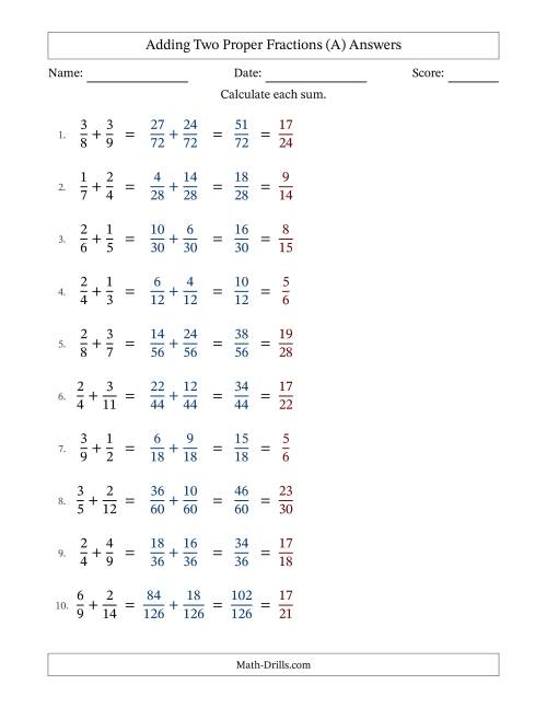 The Adding Two Proper Fractions with Unlike Denominators, Proper Fractions Results and All Simplifying (A) Math Worksheet Page 2