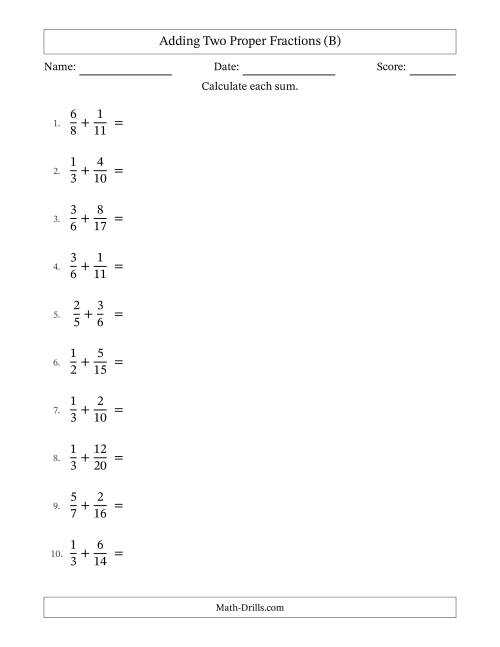 The Adding Two Proper Fractions with Unlike Denominators, Proper Fractions Results and All Simplifying (B) Math Worksheet