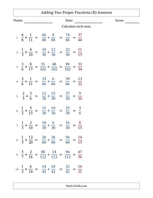 The Adding Two Proper Fractions with Unlike Denominators, Proper Fractions Results and All Simplifying (B) Math Worksheet Page 2