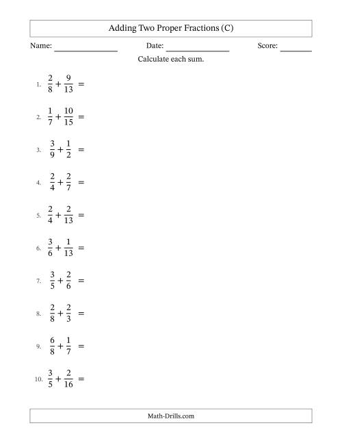 The Adding Two Proper Fractions with Unlike Denominators, Proper Fractions Results and All Simplifying (C) Math Worksheet