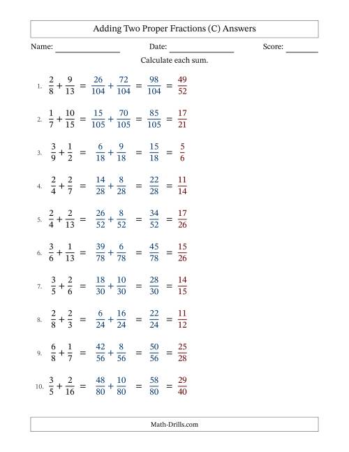 The Adding Two Proper Fractions with Unlike Denominators, Proper Fractions Results and All Simplifying (C) Math Worksheet Page 2