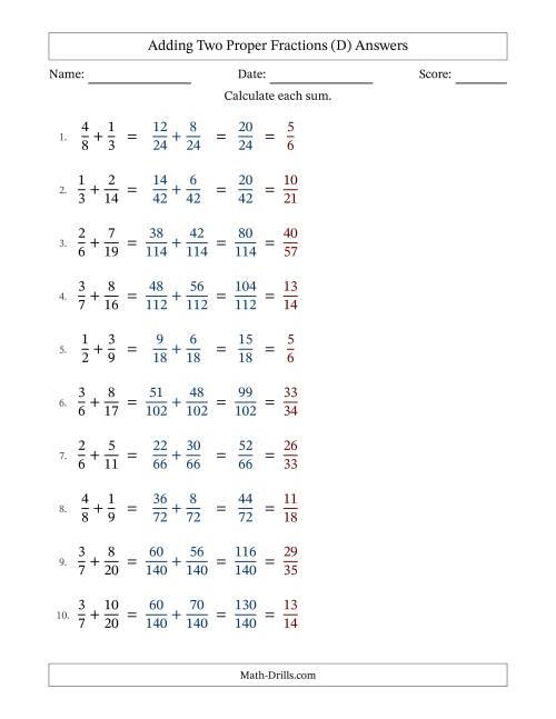 The Adding Two Proper Fractions with Unlike Denominators, Proper Fractions Results and All Simplifying (D) Math Worksheet Page 2