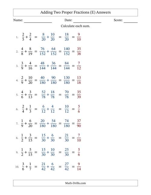 The Adding Two Proper Fractions with Unlike Denominators, Proper Fractions Results and All Simplifying (E) Math Worksheet Page 2