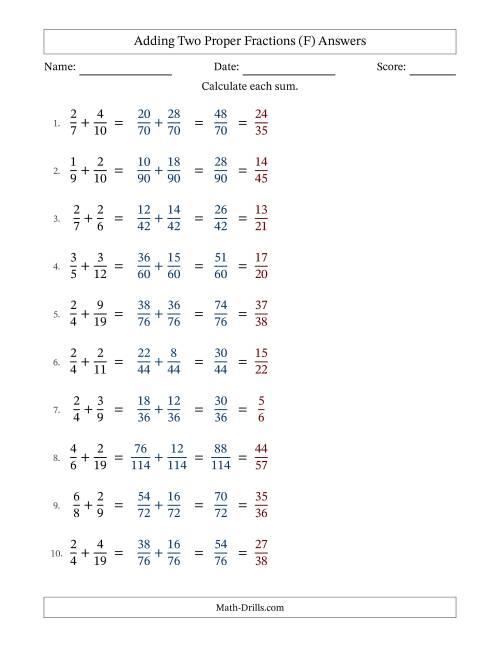 The Adding Two Proper Fractions with Unlike Denominators, Proper Fractions Results and All Simplifying (F) Math Worksheet Page 2