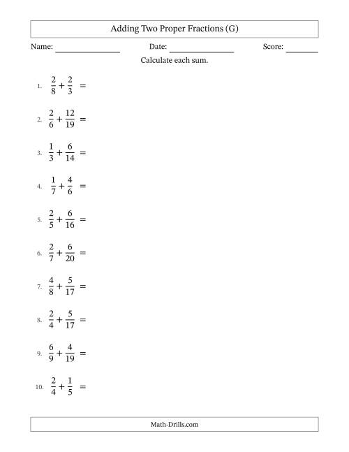 The Adding Two Proper Fractions with Unlike Denominators, Proper Fractions Results and All Simplifying (G) Math Worksheet
