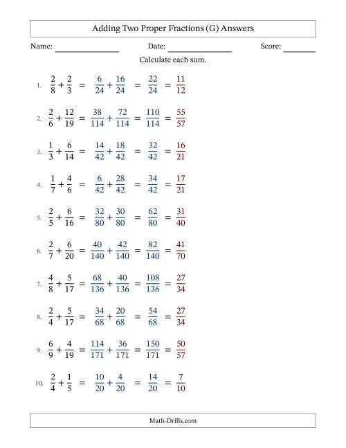 The Adding Two Proper Fractions with Unlike Denominators, Proper Fractions Results and All Simplifying (G) Math Worksheet Page 2