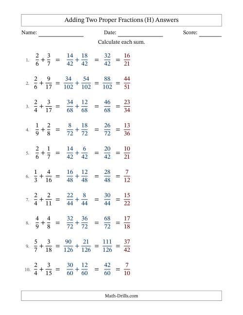 The Adding Two Proper Fractions with Unlike Denominators, Proper Fractions Results and All Simplifying (H) Math Worksheet Page 2