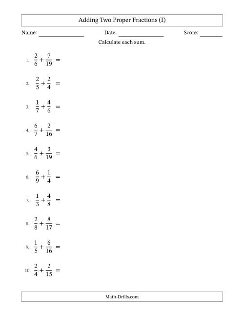The Adding Two Proper Fractions with Unlike Denominators, Proper Fractions Results and All Simplifying (I) Math Worksheet