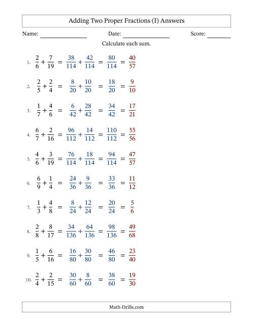 The Adding Two Proper Fractions with Unlike Denominators, Proper Fractions Results and All Simplifying (I) Math Worksheet Page 2