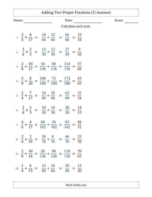 The Adding Two Proper Fractions with Unlike Denominators, Proper Fractions Results and All Simplifying (J) Math Worksheet Page 2