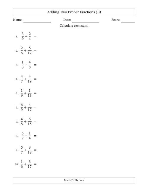 The Adding Two Proper Fractions with Unlike Denominators, Proper Fractions Results and Some Simplifying (B) Math Worksheet