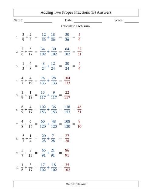 The Adding Two Proper Fractions with Unlike Denominators, Proper Fractions Results and Some Simplifying (B) Math Worksheet Page 2