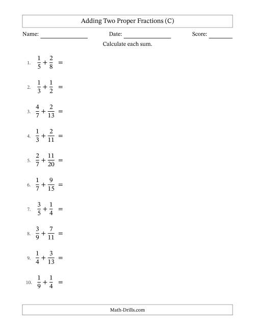 The Adding Two Proper Fractions with Unlike Denominators, Proper Fractions Results and Some Simplifying (C) Math Worksheet