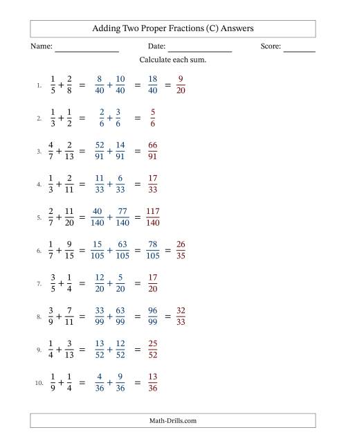 The Adding Two Proper Fractions with Unlike Denominators, Proper Fractions Results and Some Simplifying (C) Math Worksheet Page 2