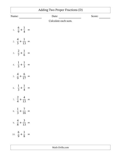 The Adding Two Proper Fractions with Unlike Denominators, Proper Fractions Results and Some Simplifying (D) Math Worksheet