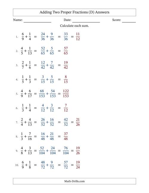 The Adding Two Proper Fractions with Unlike Denominators, Proper Fractions Results and Some Simplifying (D) Math Worksheet Page 2