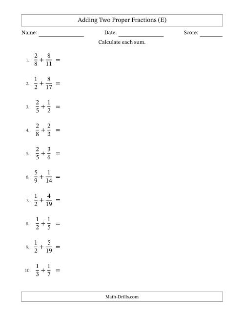 The Adding Two Proper Fractions with Unlike Denominators, Proper Fractions Results and Some Simplifying (E) Math Worksheet