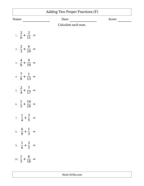 The Adding Two Proper Fractions with Unlike Denominators, Proper Fractions Results and Some Simplifying (F) Math Worksheet