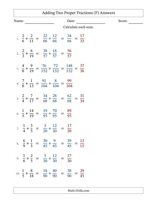 The Adding Two Proper Fractions with Unlike Denominators, Proper Fractions Results and Some Simplifying (F) Math Worksheet Page 2