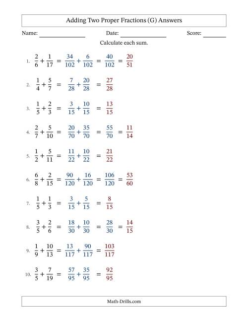 The Adding Two Proper Fractions with Unlike Denominators, Proper Fractions Results and Some Simplifying (G) Math Worksheet Page 2